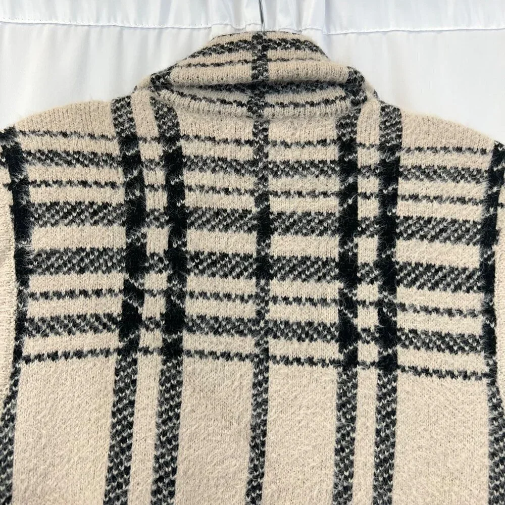 William Rast Sleeveless Collared Cardigan Beige/Black Plaid Size Small Fuzzy